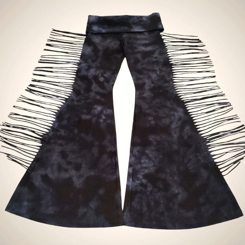 Hiphugger Fringe Bell Bottoms in BLACK & GREY Tie Dye Festival Rocker Flare Pant